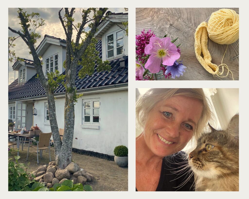 En billede collage af hypnoterapeut Marianne Kjær George, sammen med hendes kat, strikketøj, hygge og hendes landejendom.